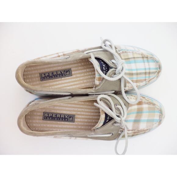 SPERRY TOP SIDER KHAKI & AQUA BROWN PLAID CANVAS BOAT SHOE WOMENS SZ 6.5M - Picture 4 of 7